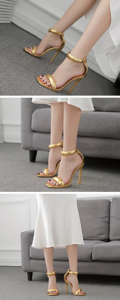 Eilyken Summer Silver Gold Peep Toe High Heel  Sandals Sexy Buckle Strap Ankle-Wrap Ladies Club Women Stripper Shoes.
