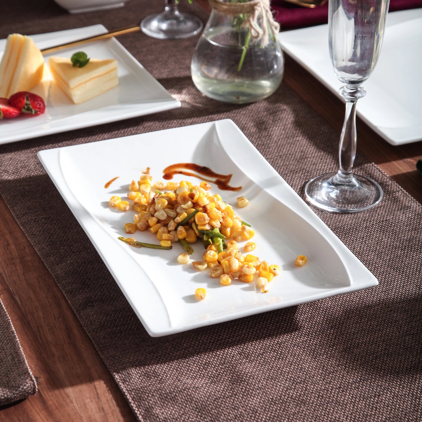 MALACASA Carina 2-Piece Ivory White Porcelain Dinner Plate Set Tableware Fruit Snack Dishes with 11" & 13.25" Rectangular Plate.