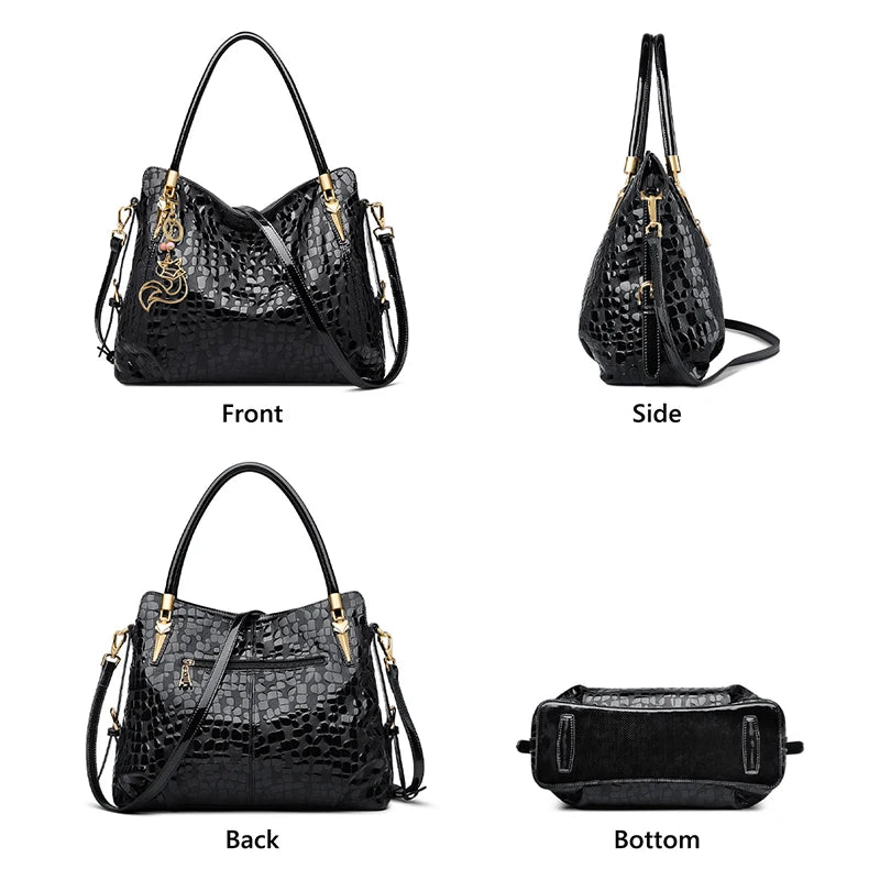 FOXER Women Natural Cow Leather Handbag Large Capacity Classic Black Genuine Leather Tote Lady Stylish Sequin Shoulder Bag.