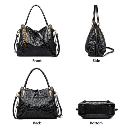 FOXER Women Natural Cow Leather Handbag Large Capacity Classic Black Genuine Leather Tote Lady Stylish Sequin Shoulder Bag.