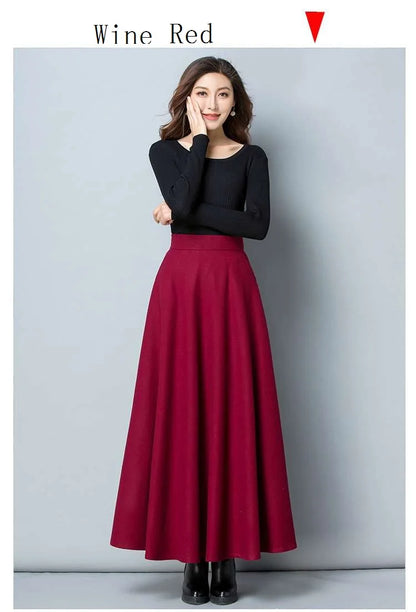 FairyShely Vintage Pleated Long Skirt Women 2025 Autumn Winter Woolen High Waist Black Skirts Female Flare Pocket.