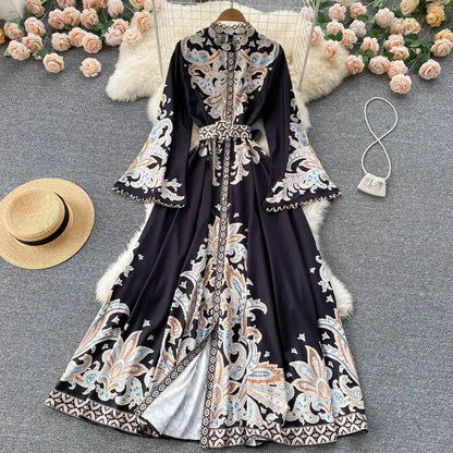 Fall Vintage Stand Collar Casual Midi Dress For Women Flare Sleeve Empire Printed Lace Dress.