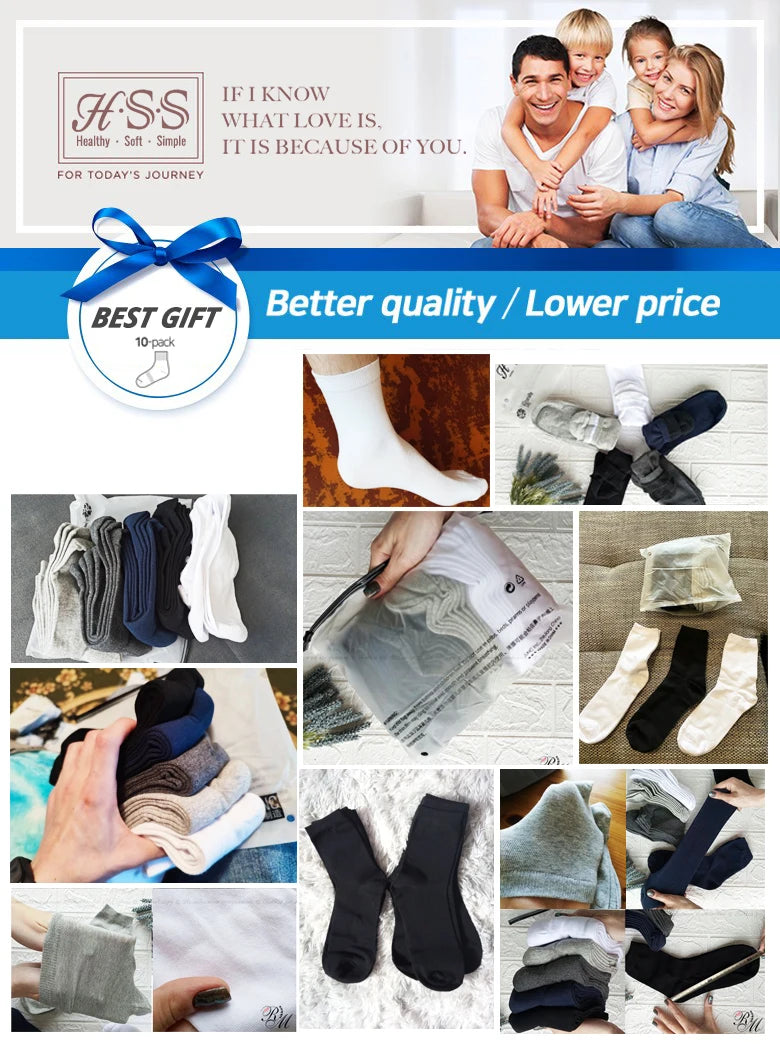 HSS 5/10 Pairs Men's Cotton Blend Socks Black Business Men Socks Soft Breathable Summer Winter for Male Socks Plus Size (6.5-14).