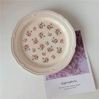 Ceramic Plate French Style Retro Floral Reliefs Food Plate Yogurt Salad Bowl Dessert Plate Dish Dinner Wedding Set Dinner Plates.