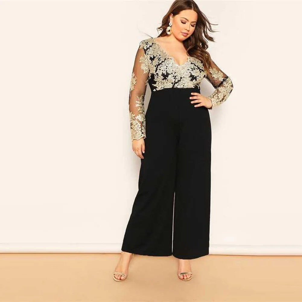 Wide Leg Casual Overalls Sexy Women V-Neck Elegant Lace Straight Party Jumpsuit Romper