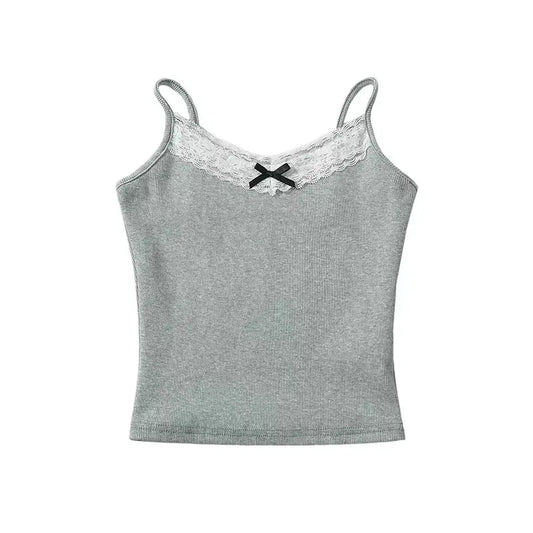 Women Summer New Fashion Lace Bow Tank Tops Vintage Sleeveless Backless Slim Casual Female Camis Chic Tops