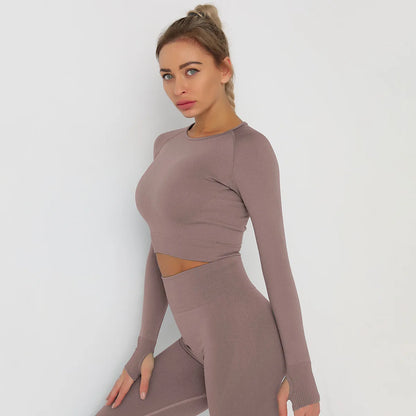 Seamless Athletic Crop Top Woman Sports T-shirts Yoga Top Knitted Shirt Long Sleeve Workout Tops For Women Fashion Gym Clothes