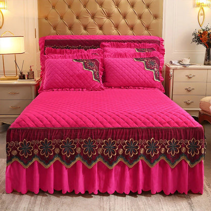 European Luxury Quilted Bed Skirt Winter Warm Thicken Velvet Bedspread King Good Hand Feeling Bed Skirt Not Included Pillowcase.