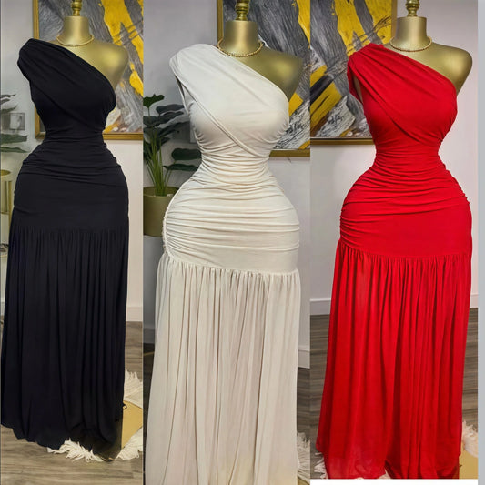 Women's 2025 Spring New Solid Color Sleeveless Slant Neck Pleated Slim Split Long Dresses