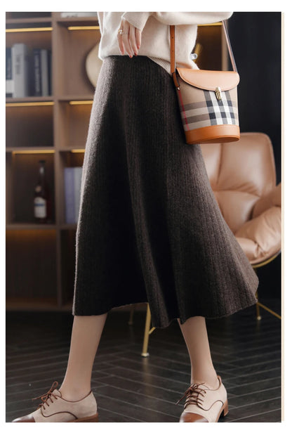 2025 Autumn New High-Waist 100%Pure Wool Pleated Long Skirt Women's Knit Base Skirt Fashion Pack Hip A-Line Cashmere Large Skirt