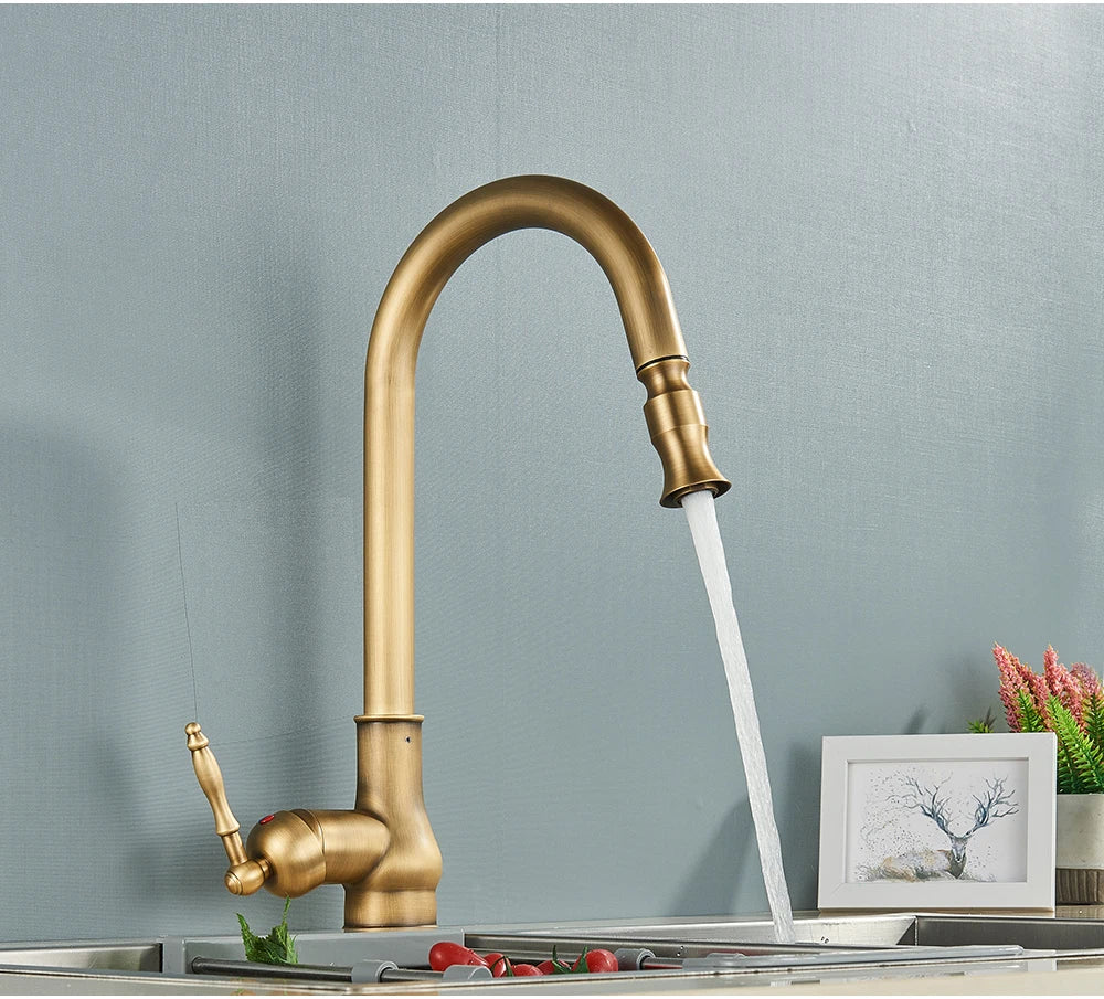 POIQIHY Antique Brass Kitchen Faucet Pull Out Bathroom Kitchen Mixers Single Handle Pull Down Cold Hot Water Tap Deck Mounted