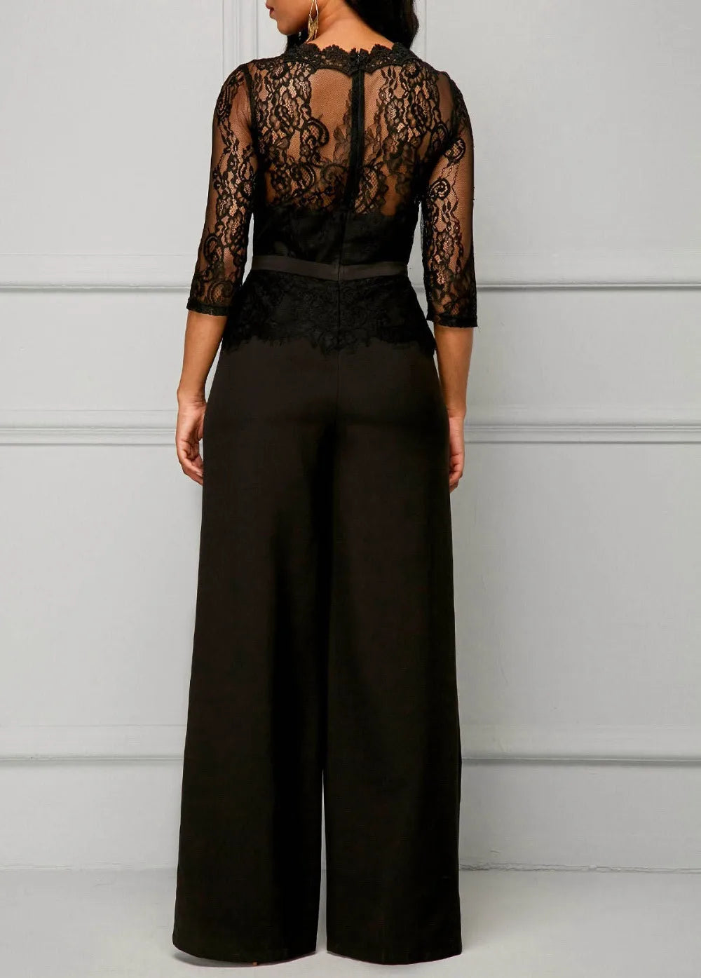 Elegant Sexy Jumpsuits Women Long Sleeve Lace Patchwork Jumpsuit Loose Trousers Wide Leg Pants Rompers Holiday Black Overalls.
