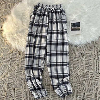 Hosen Frauen Neue Haufen füße Mode Lose Schwarz Plaid Sommer Harajuku Studenten Streetwear Harem Lange Hosen Frauen Chic