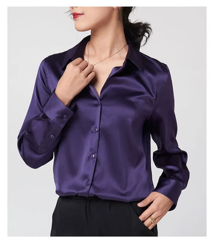 Woman Silk Shirt Long-sleeved Satin Women Blouse 19mm Mulberry Silk Blouse Loose Versatile Base Shirt 95% Natural Silk+5%Spandex