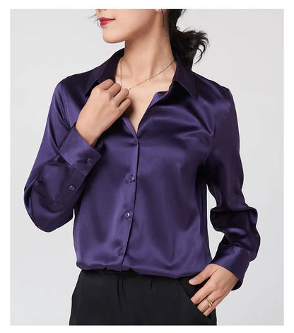 Woman Silk Shirt Long-sleeved Satin Women Blouse 19mm Mulberry Silk Blouse Loose Versatile Base Shirt 95% Natural Silk+5%Spandex