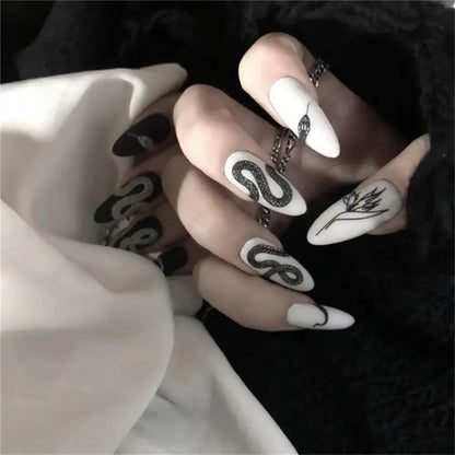24pcs/set Long Stiletto Fake Nails Punk Snake Pattern Black White Matte False Nails Artificial Full Nail Tips Manicure Tools.
