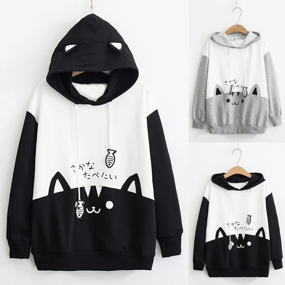Spring Ladies Long Sleeve Cat Sweatshirt Womens Casual Kitty Cat Print Pocket Thin Hoodie Blouse Top Shirt худи женское платье.
