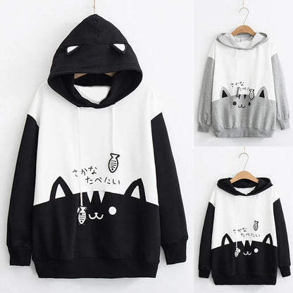 Spring Ladies Long Sleeve Cat Sweatshirt Womens Casual Kitty Cat Print Pocket Thin Hoodie Blouse Top Shirt худи женское платье.