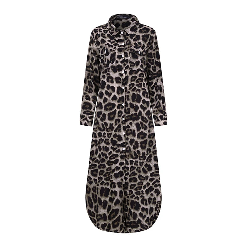 ZANZEA Party Vintage Leopard Robe Frauen 2025, Herbst Casual Langarm Maxi Lange Vestidos Kleid Mode Übergroßen Hemd Sommerkleid
