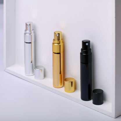 100 PCS/Lot 5ml Mini Perfume Bottle Aluminium Spray Atomizer Bottles Sample Empty Gold Silver Black Glass Vials.