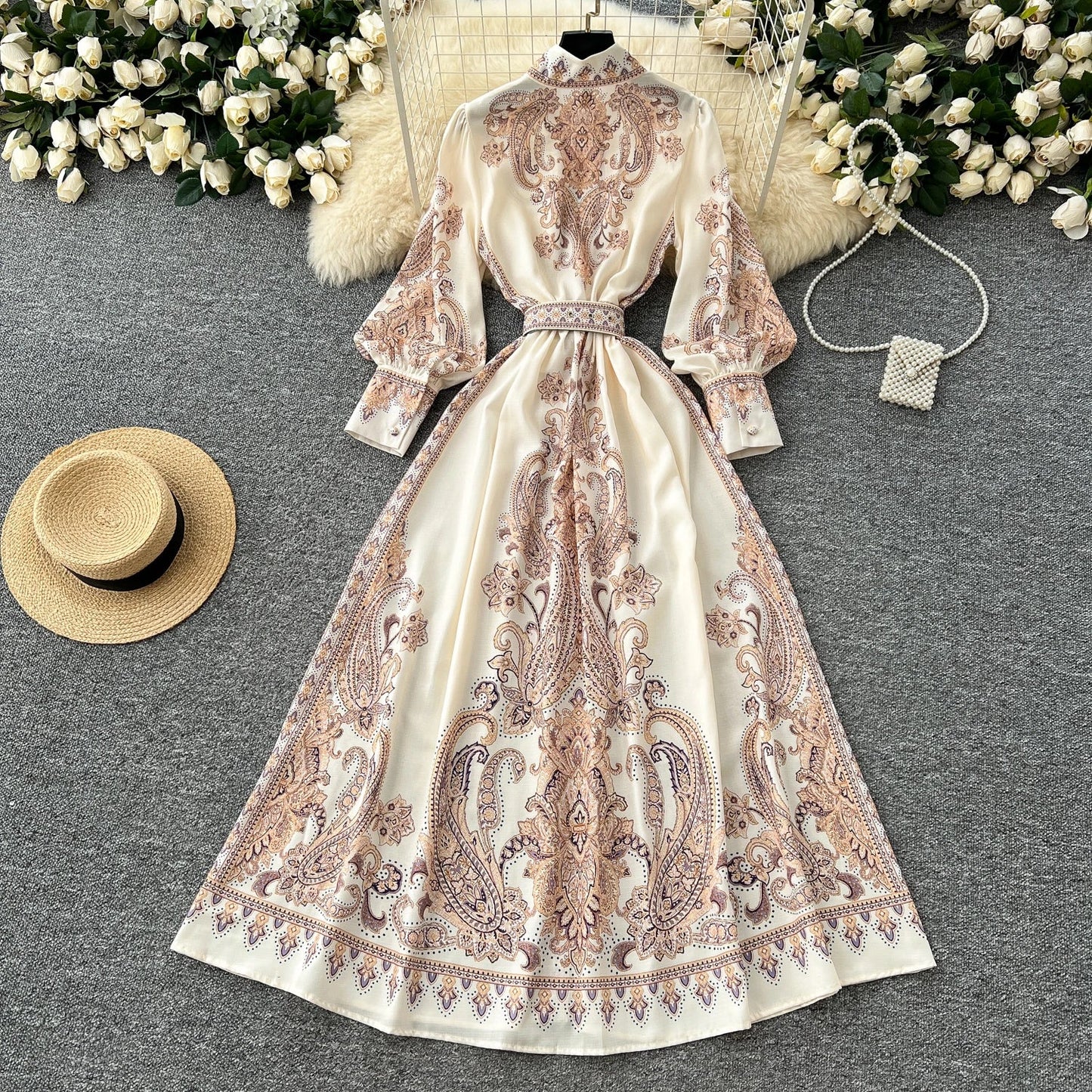 2025 Spring Vintage Stand Collar Tunic Casual Midi Dress For Women Lantern Sleeve Empire Printed Lace Dress.