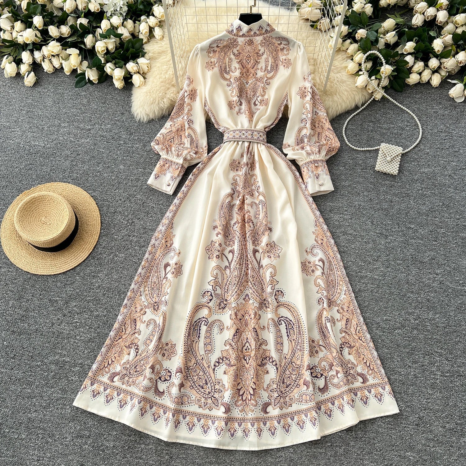 2025 Spring Vintage Stand Collar Tunic Casual Midi Dress For Women Lantern Sleeve Empire Printed Lace Dress.