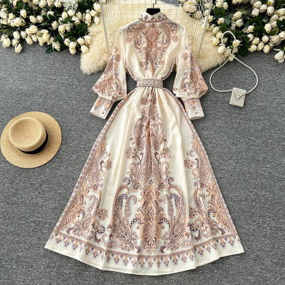 2025 Spring Vintage Stand Collar Tunic Casual Midi Dress For Women Lantern Sleeve Empire Printed Lace Dress.
