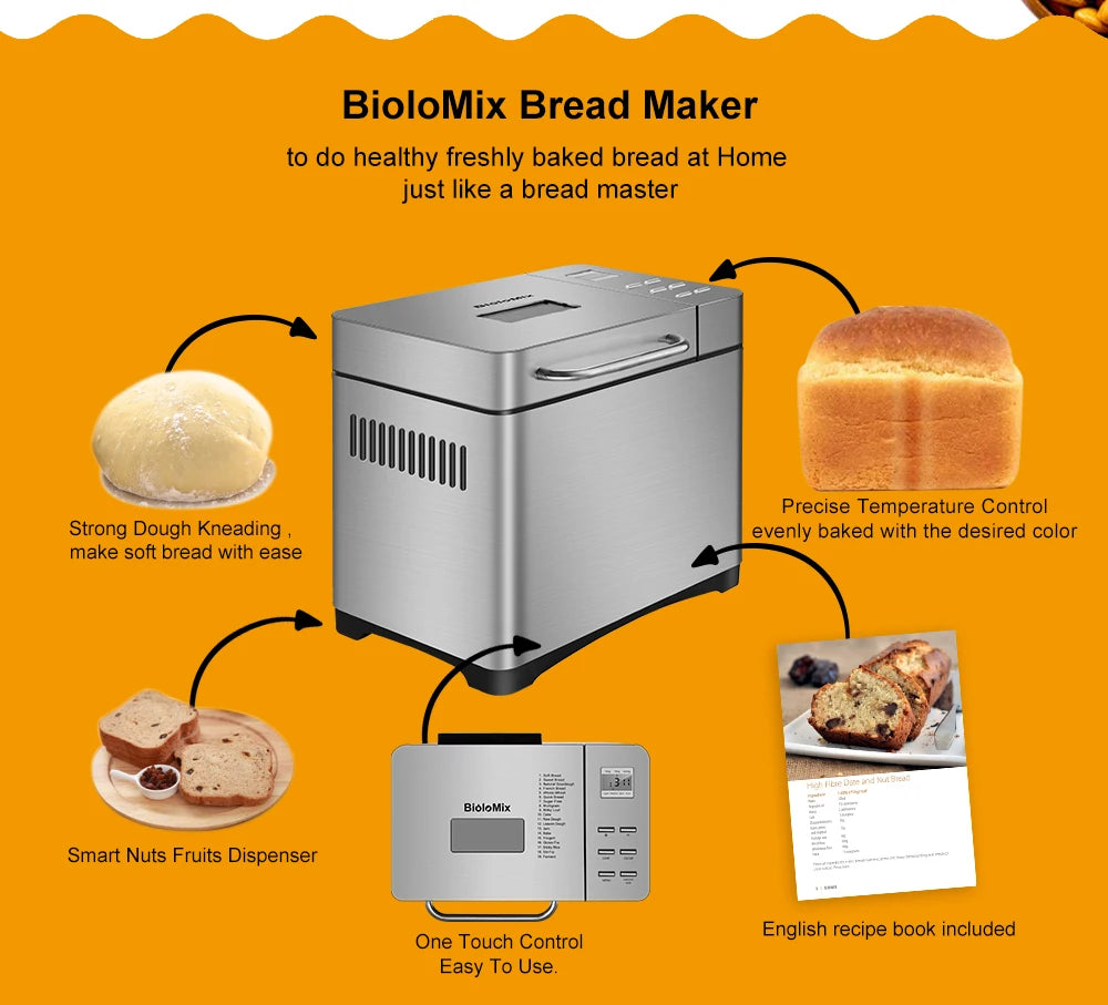 Biolomix Stainless Steel 1KG 19-in-1 Automatic Bread Maker 650W Programmable Bread Machine with 3 Loaf Sizes Fruit Nut Dispenser.