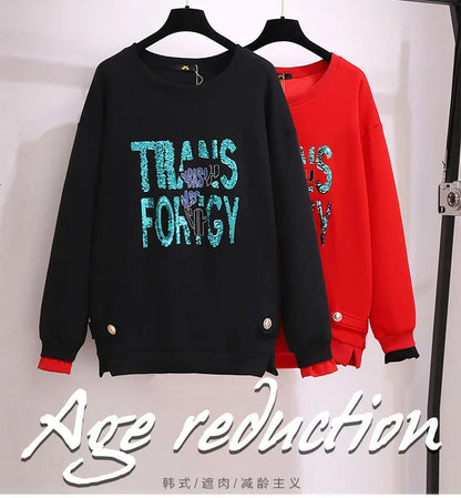 150 kg Übergröße Damen Büste 157 Winter Fleece Lose Pailletten Brief Sweatshirts Rundhals Pullover Top 5XL 6XL 7XL 8XL 9XL