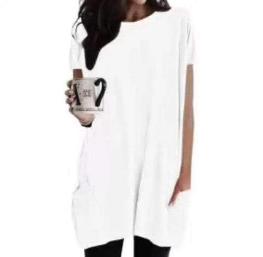 JAC228 K1130 Women's Short Sleeve O Neck Loose Solid Color Tunic Top