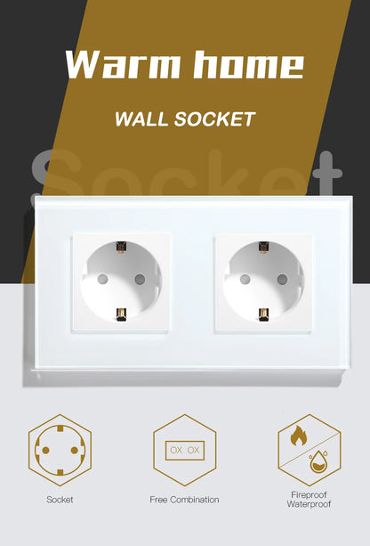 BSEED Touch-Lichtschalter, EU-Standard-Wandsteckdose mit USB Typ-C-Kristallglasscheibe, weiße Farbe, Netzstecker, 1/2/3 Gang-Schalter.