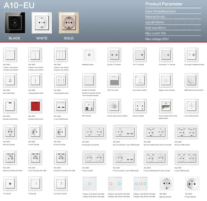 SRAN EU16A 250V Wandsteckdose mit Schalterknopf Steckdose Russland Spanien Edelstahl Glas PC Panel Steckdosen.