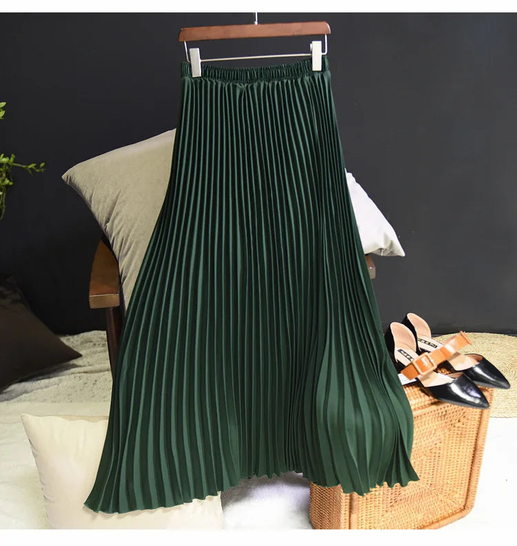 Classical Women Pleated Skirt 90cm/80cm Long Female Elastic Waist Skirt Big Size Velvet Pleated Skirt for Winter Ankle-Length