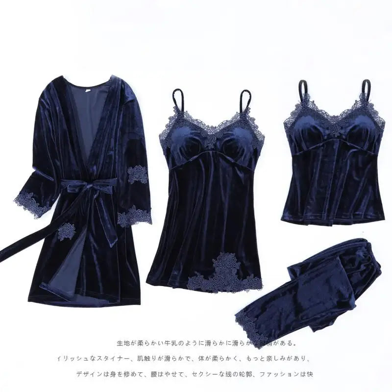 Autumn Velvet Women 4PCS Pajamas Set Sleepwear Burgundy Velour Bathrobe Nightwear Lace Patchwork Pijamas Suit Sexy Negligee.
