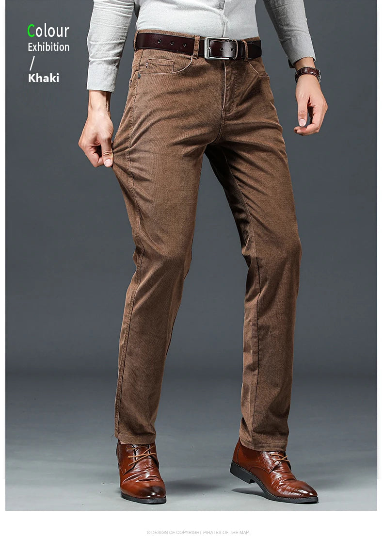 Spring Autumn New Men Pants Corduroy Fabric Comfortable Soft Casual Business Office Male Trousers Khaki Apricot Black Blue.