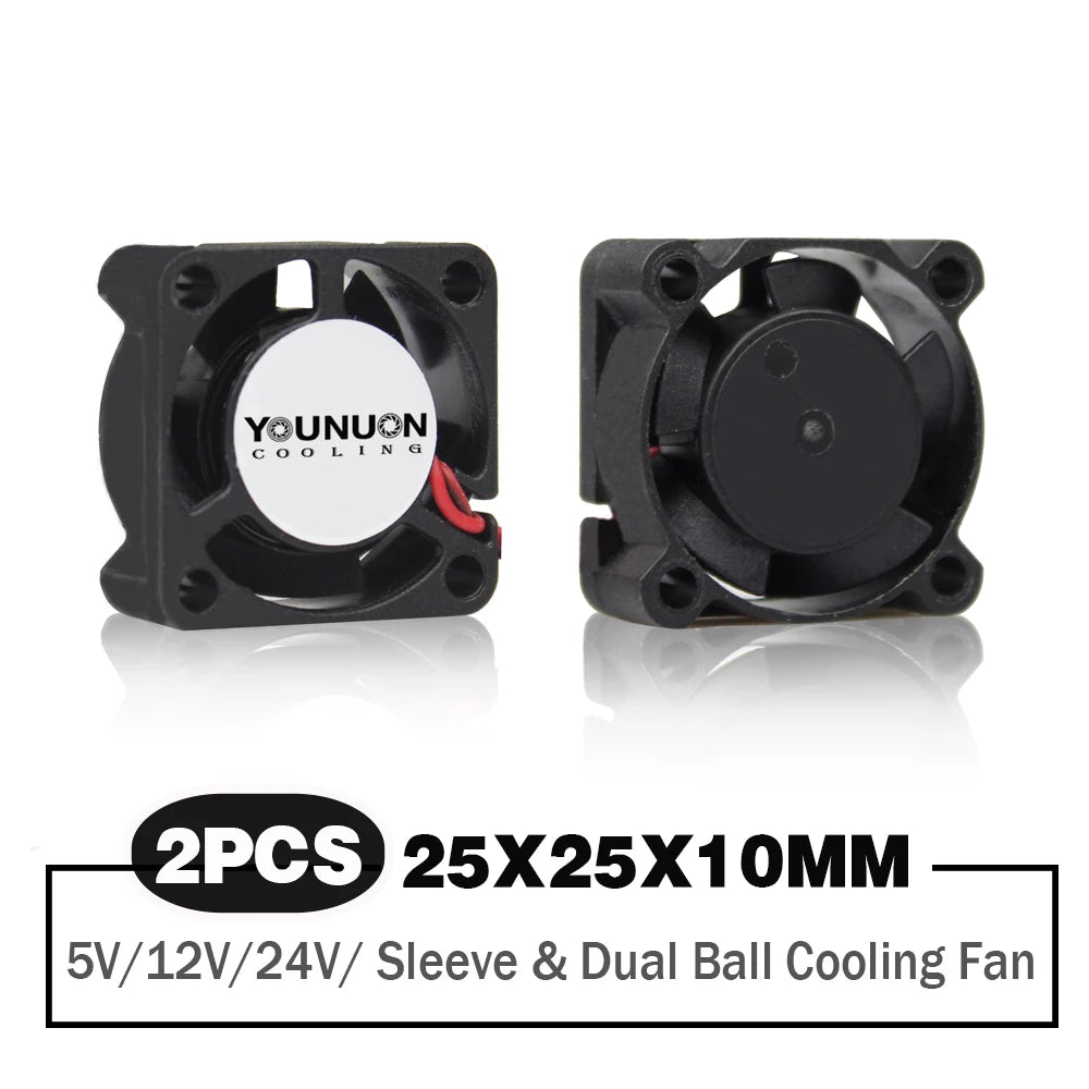 2 Pieces Dual Ball 2510 25mm 25x25x10mm Graphics Card Cooling Fan 5V 12V 24V M.2 SSD Fan with 2 PIN.