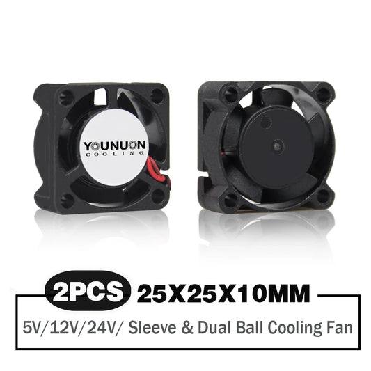 2 Pieces Dual Ball 2510 25mm 25x25x10mm Graphics Card Cooling Fan 5V 12V 24V M.2 SSD Fan with 2 PIN.
