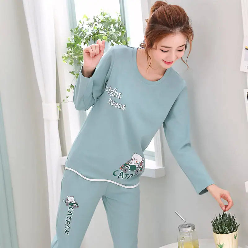 Herbst Dünne 2 stück Pyjamas Set Frauen 2025 Rundhals Mädchen Bär Pyjamas Sets Teetasse Katze Volle Nachtwäsche Tops liebhaber Pyjama mujer.
