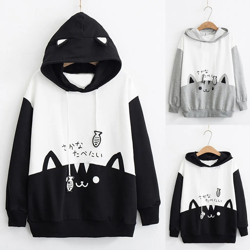 Spring Ladies Long Sleeve Cat Sweatshirt Womens Casual Kitty Cat Print Pocket Thin Hoodie Blouse Top Shirt худи женское платье.