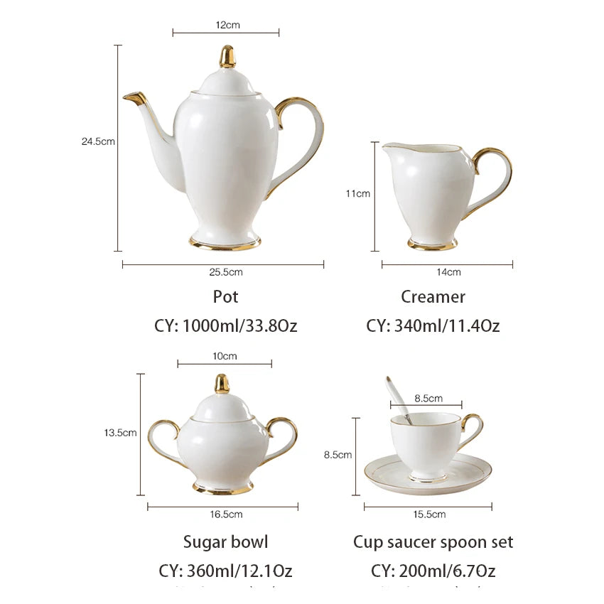Grace Bone China Coffee Set White Gold Porcelain Tea Set Advanced Pot Cup Ceramic Mug Sugar Bowl Creamer Teapot Milk Jug Teaset.