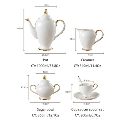 Grace Bone China Coffee Set White Gold Porcelain Tea Set Advanced Pot Cup Ceramic Mug Sugar Bowl Creamer Teapot Milk Jug Teaset.