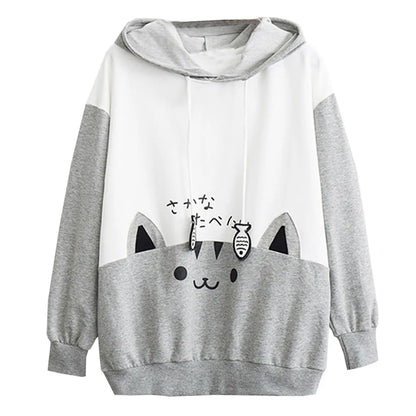 Spring Ladies Long Sleeve Cat Sweatshirt Womens Casual Kitty Cat Print Pocket Thin Hoodie Blouse Top Shirt худи женское платье.