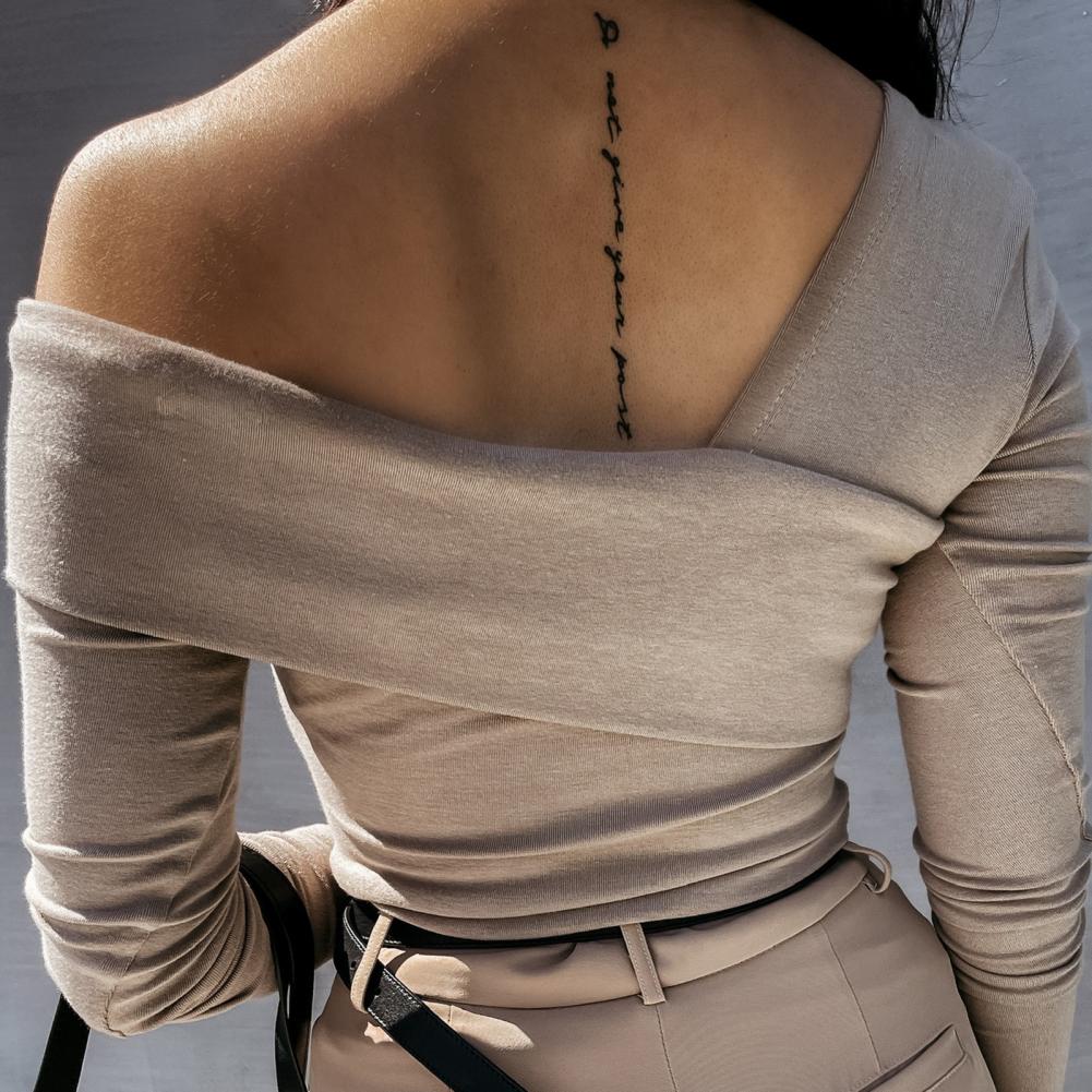 Women Autumn Winter T shirt Off Shoulder Oblique Neck Strapless Backless Long Sleeve Solid Color Ladies Slim Shirt femme.