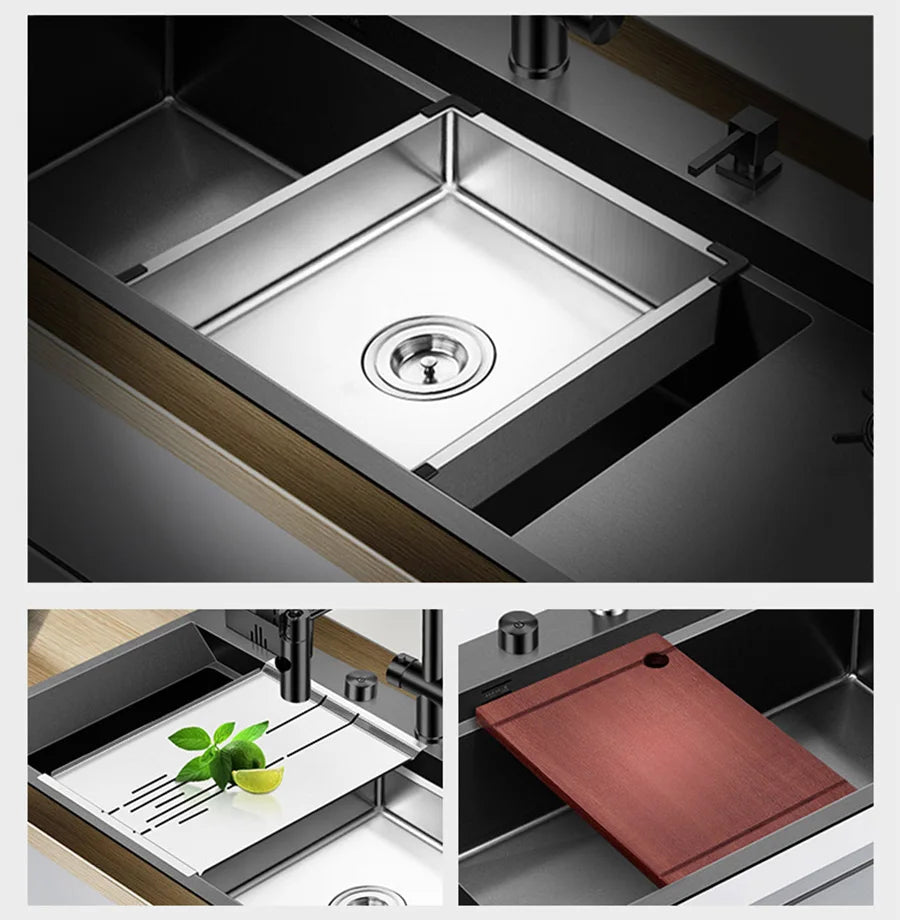 ASRAS New Nanometer Large Size Single Cup Rinser Kitchen Sink 4mm Thickness 220mm Depth With Drain Plate Knife Holder Sinks