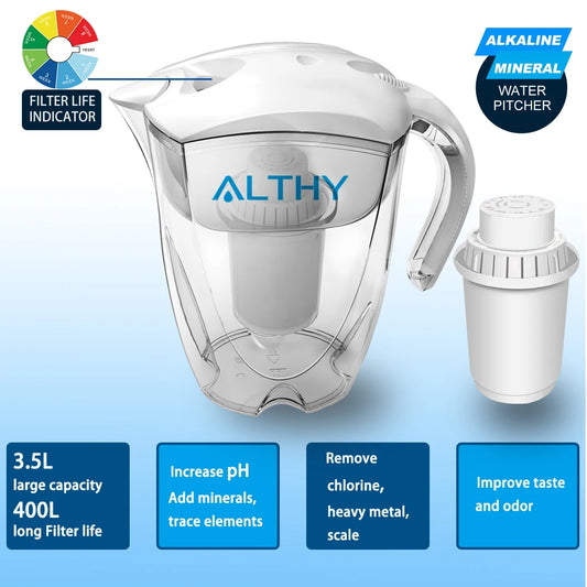 ALTHY 3.5L Mineral Alkaline Water Pitcher Filter - 400L Long-Life Filters - Alkalizer Purifier Filtration System +pH -ORP.