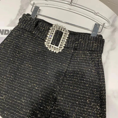 2022 Spring Autumn New shiny sequins Plaid Shorts with Belt for Lady Rhinestone Bright Silk Tweed Folding Short Boots Women