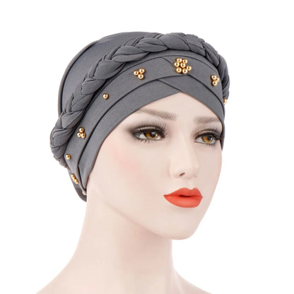 KepaHoo Women Hair Care Islamic Jersey Head Scarf Milk Silk Muslim Hijab Beads Braid Wrap Stretch Turban Hat Chemo Cap Head Wrap.