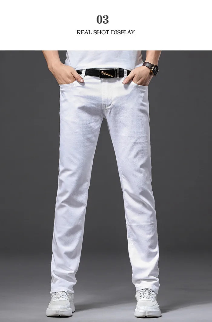 Men White Jeans Fashion Casual Classic Style Slim Fit Soft Trousers Male Brand Advanced Stretch Pants.