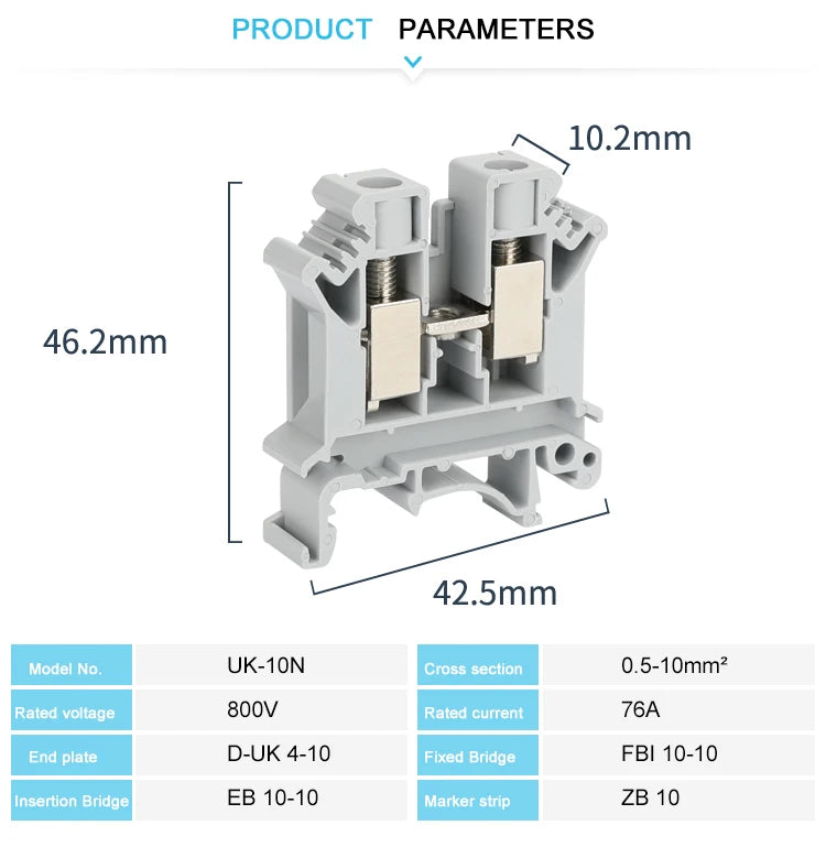 10 Stück UK 10N DIN-Schienenklemmenblock mit Schraubenzug, 10 mm Kabelstecker, mehrfarbig, Universaldraht, elektrischer Steckverbinder UK10N.