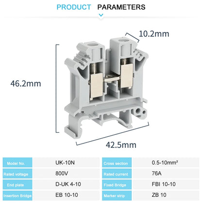 10 Stück UK 10N DIN-Schienenklemmenblock mit Schraubenzug, 10 mm Kabelstecker, mehrfarbig, Universaldraht, elektrischer Steckverbinder UK10N.